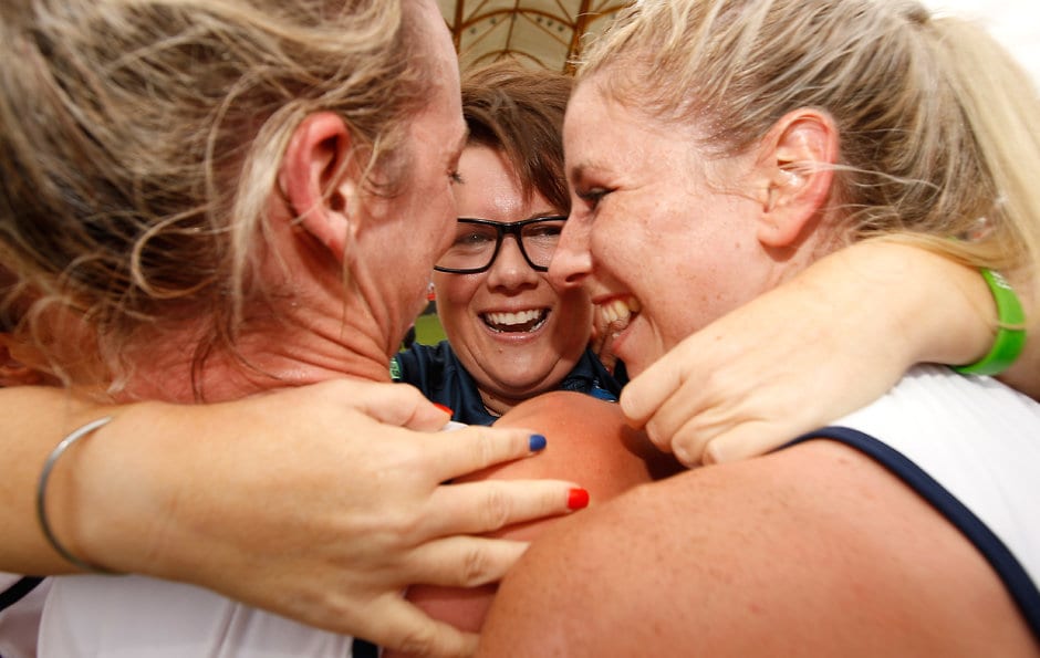 AFLW 2017 Grand Final - Brisbane v Adelaide Bec Goddard celebrates the Crows' Grand Final win with players - AFL,AFLW
